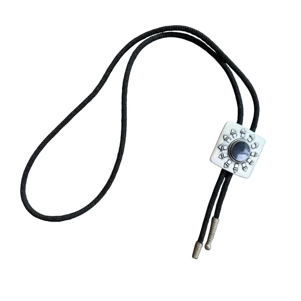 Vintage Western Bolo Tie Silver Tone Black Stone Geometric Sunburst Mens